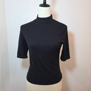 Reformation Black Ribbed Mock Neck 3/4 Sleeve Women’s Top Size L Stretch